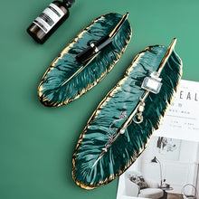 Load image into Gallery viewer, Luxury Ceramic Platter Storage Tray with Glod Rim Green Leaf Glod Feather Jewelry Makeup Brush Storage Decorative Sushi Plate
