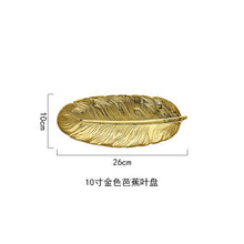 Load image into Gallery viewer, Luxury Ceramic Platter Storage Tray with Glod Rim Green Leaf Glod Feather Jewelry Makeup Brush Storage Decorative Sushi Plate
