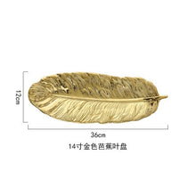 Load image into Gallery viewer, Luxury Ceramic Platter Storage Tray with Glod Rim Green Leaf Glod Feather Jewelry Makeup Brush Storage Decorative Sushi Plate
