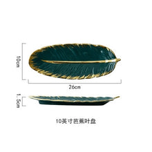 Load image into Gallery viewer, Luxury Ceramic Platter Storage Tray with Glod Rim Green Leaf Glod Feather Jewelry Makeup Brush Storage Decorative Sushi Plate
