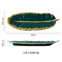 Load image into Gallery viewer, Luxury Ceramic Platter Storage Tray with Glod Rim Green Leaf Glod Feather Jewelry Makeup Brush Storage Decorative Sushi Plate
